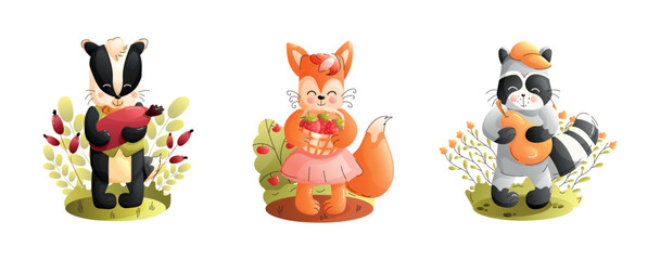 Chidren cute animal set. Adorable Cute Animal Figures Featuring a Badger, Fox, and Raccoon.