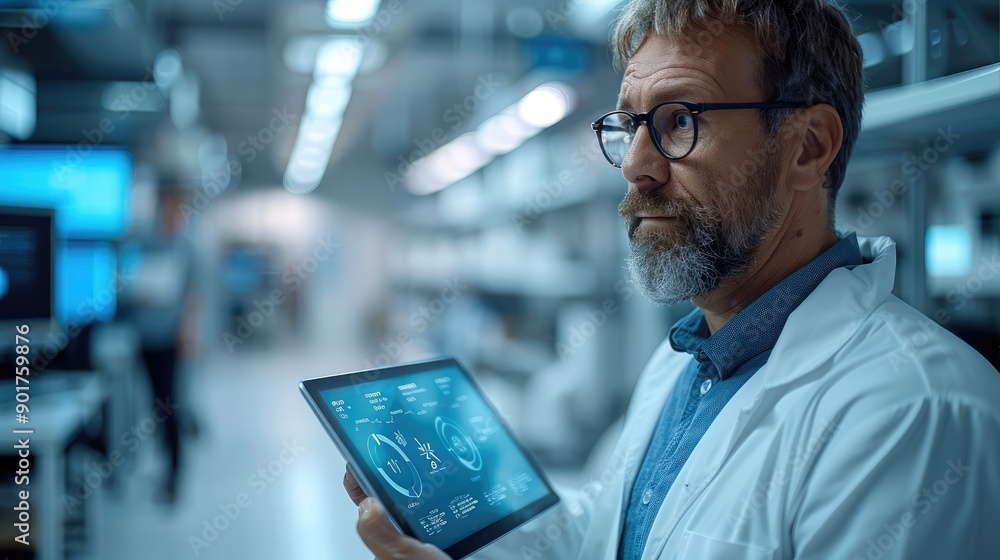 Leinwandbilder business man holding tablet looking at the circle 3d holograms in front of him while holding the tab