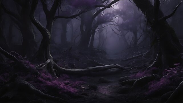 Mysterious forest in the dark night, purple and black theme foggy misty jungle, solitude and spooky woods