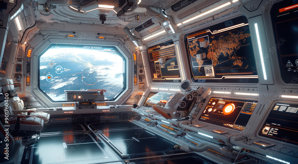 Poster A space station command center with a panoramic view of the cosmos, featuring holographic charts, mission status updates. Generative AI.