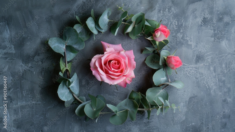 Poster rose and eucalyptus wreath on a gray backdrop with space for text top down view