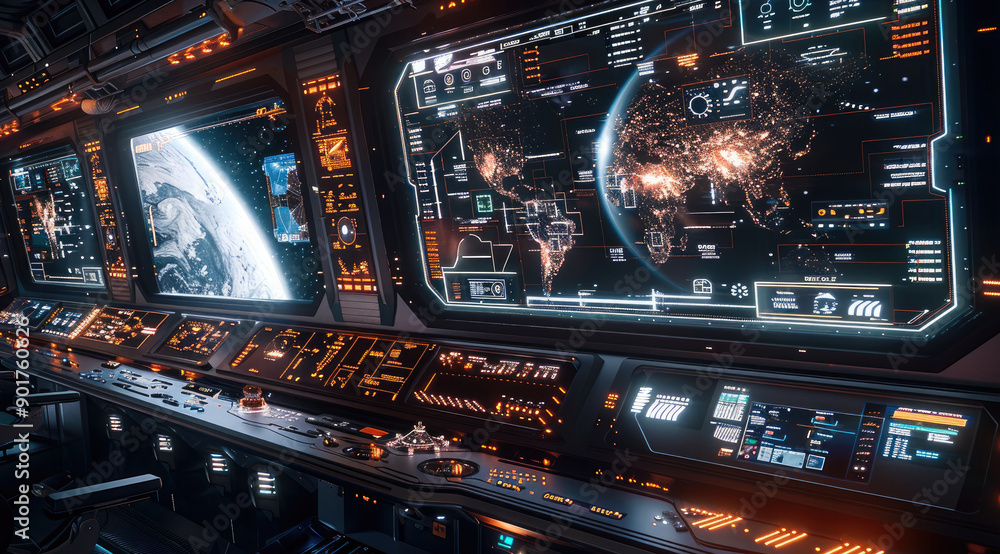 Aufkleber A space station command center with a panoramic view of the cosmos, featuring holographic charts, mission status updates. Generative AI.