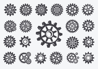 Gears different sizes shapes, metal tools hardware engineering