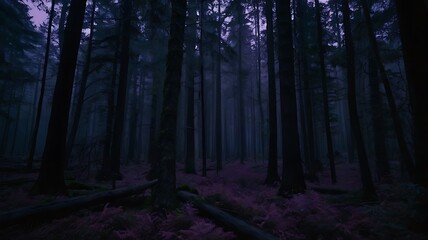 Obraz premium Mysterious forest in the dark night, purple and black theme foggy misty jungle, solitude and spooky woods