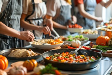 Family preparing Thanksgiving meal together, focus on hands and