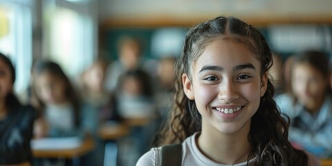 A young girl smiling in front of a classroom full of students, ideal for educational and teaching concepts