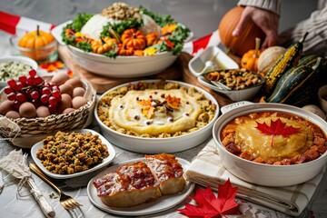 Festive Thanksgiving meal spread with variety of dishes