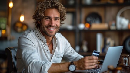 Obraz premium Smiling Young Man Using Credit Card for Online Shopping in Cozy Cafe Setting
