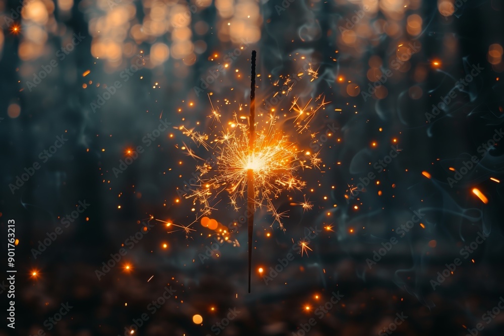 Poster spark ignited in the forest during twilight hours with bokeh background