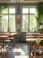 Fototapeta premium A typical classroom scene with multiple tables and chairs, ideal for educational or presentation purposes