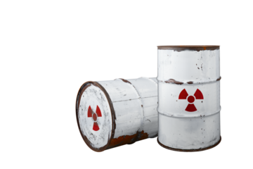 White or gray dirty barrel with radioactive waste. Nuclear warning sign. Rusty dangerous barrel with radionuclide, hazardous toxins on isolated background