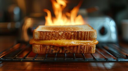 Watch a gooey grilled cheese sandwich melt over a flame on a wire rack, with oozing cheddar on crispy bread. Feel the heat in a cozy kitchen