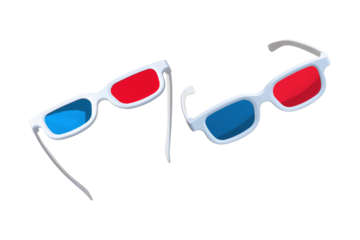3D viewing glasses with red blue lenses for movie, films, TV on isolated background.