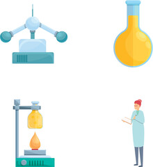 Laboratory experience icons set cartoon vector. Woman scientist in laboratory. Chemistry and science