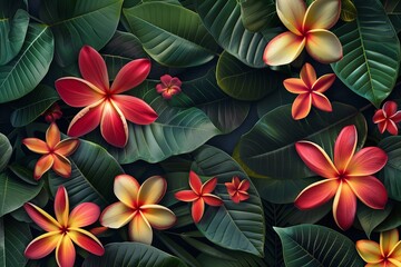 Obraz premium tropical flower pattern green plumeria and red flower