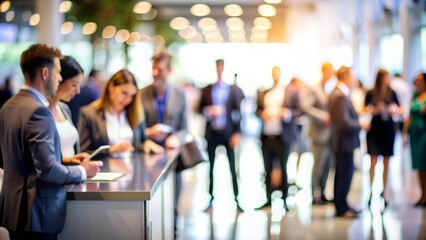Business Event Registration Blur - Attendees registering for a business event, with the background blurred.
