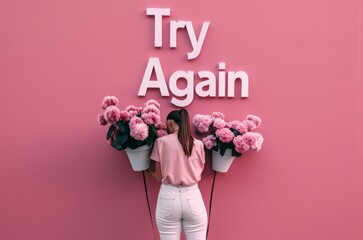 Woman in Pink Holding Flowers Under Inspirational Try Again Sign Against Pink Background