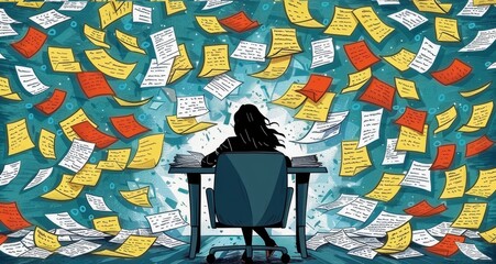 A person overwhelmed by a chaotic desk filled with scattered papers and notes, representing stress and disorganization.