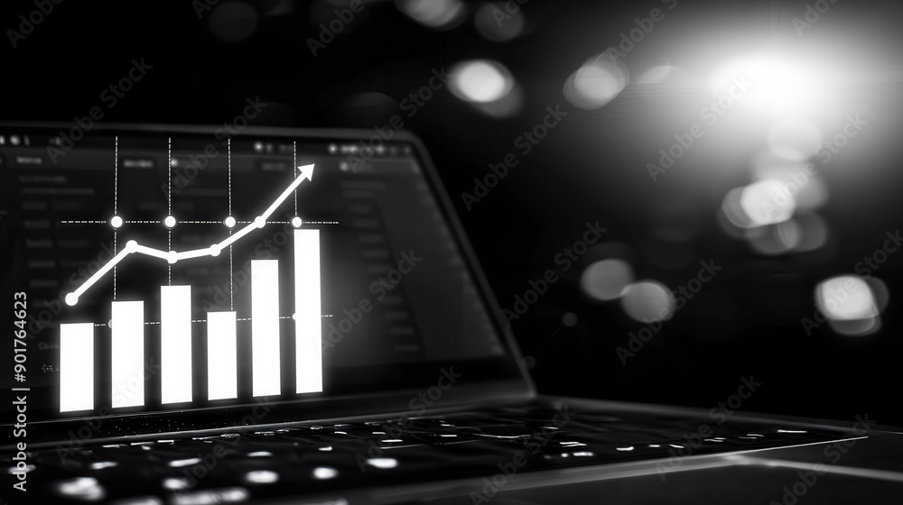 Poster a sleek laptop displaying a growth chart, symbolizing business success and data analysis in a modern