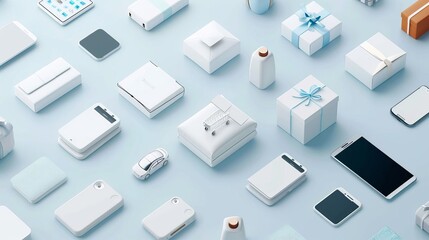 A collection of white boxes and items, including a cell phone, a car