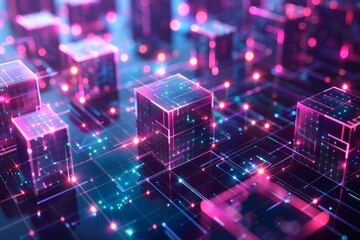 Obraz premium Vibrant digital representation of blockchain technology with glowing cubes and a network of connections, set against a dark background.