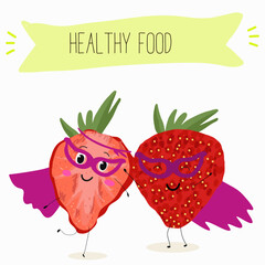 Funny strawberry character design. Fruit poster. Vector illustration. Hand drawn, texture, kids menu.