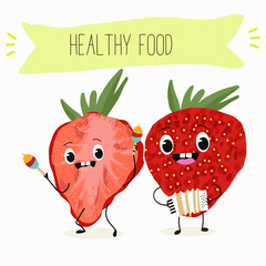 Funny strawberry character design. Fruit poster. Vector illustration. Hand drawn, texture, kids menu.