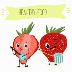 Funny strawberry character design. Fruit poster. Vector illustration. Hand drawn, texture, kids menu.