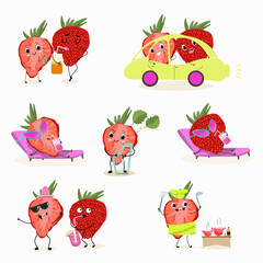 Cute strawberry characters with many expressions set, collection. Vector illustration of flat design, hand drawn.