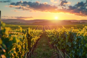 Fototapeta premium Lush vineyard with ripe grapes basking in the warm glow of a sunset, showcasing the beauty of wine country.