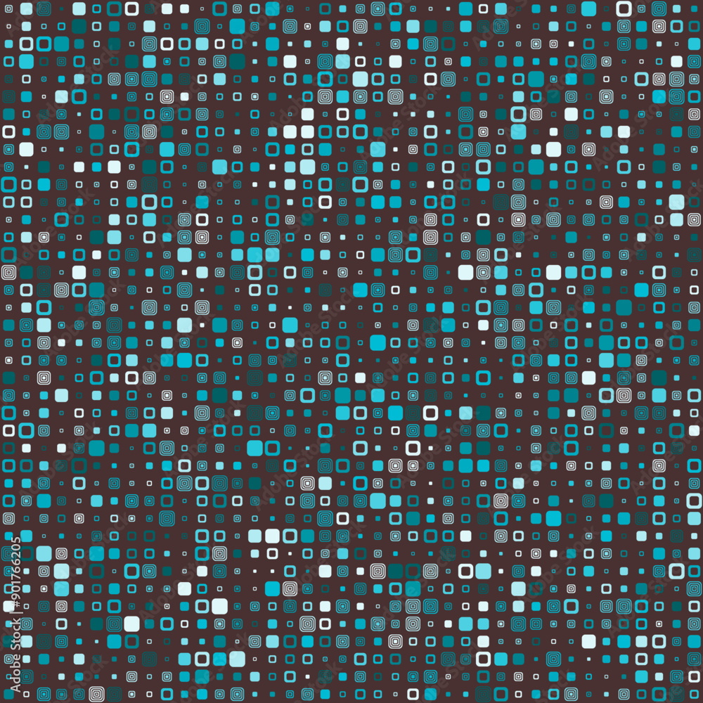 Poster seamless geometric pattern featuring various rounded squares in multiple colors: dark, turquoise, ma