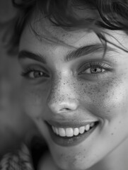 A close-up shot of a woman's face featuring freckles and natural beauty