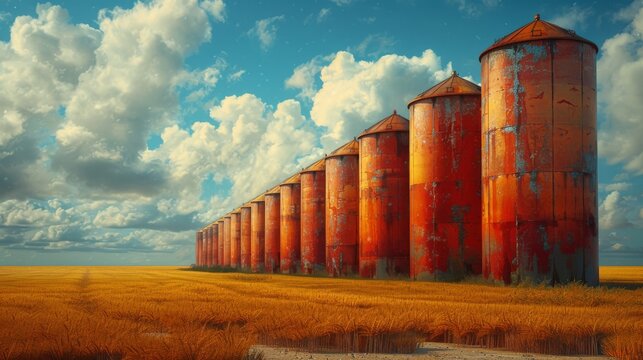 Row of old, rusty grain silos is standing in a golden wheat field under a cloudy sky, creating a nostalgic and picturesque rural scene