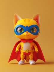 A curious yellow cat dressed up as a superhero, wearing a red cape and a blue mask