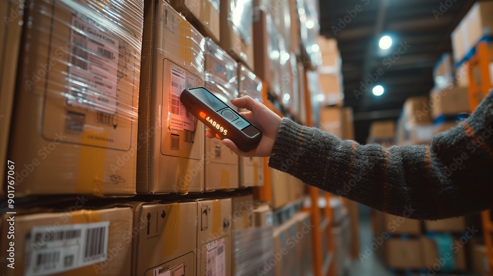 Poster worker scanning barcodes on stacked boxes inside a warehouse during afternoon hours