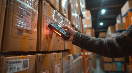 Worker Scanning Barcodes On Stacked Boxes Inside A Warehouse During Afternoon Hours