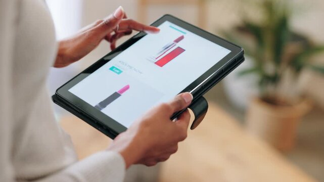 Hands with tablet for online shopping ecommerce cosmetics, beauty and makeup lipstick product sale with internet payment. Black woman search for luxury brand purchase discount on ecommerce app store