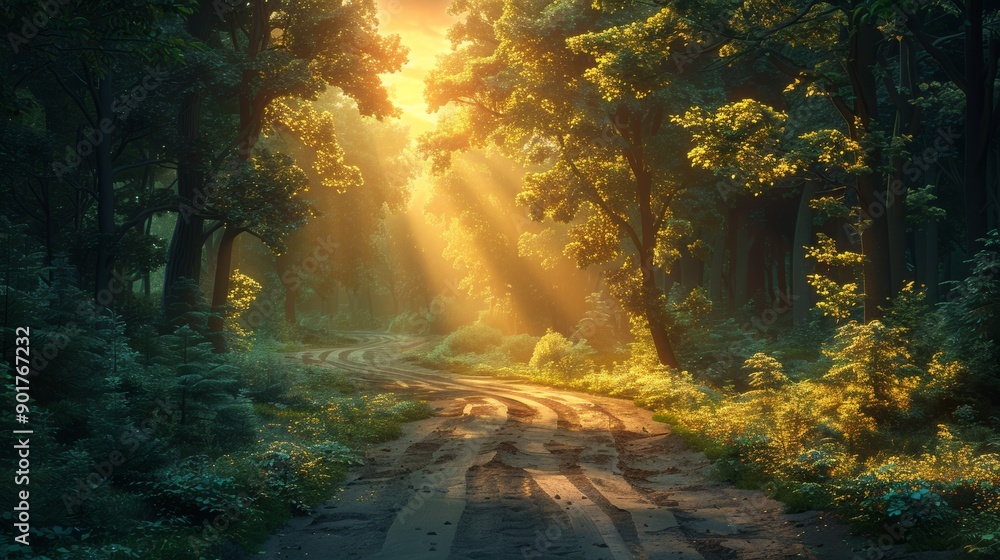 Poster golden rays illuminate serene forest pathway at dawn in tranquil nature setting. generative ai
