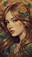 Fototapeta premium Art nouveau illustration of a woman with flowing hair and floral patterns, intricate and elegant, detailed drawing