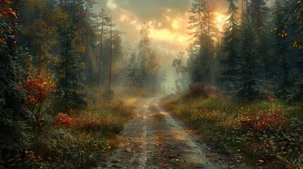 Obraz premium Serene Forest Path Illuminated by Sunrise With Autumn Foliage and Misty Atmosphere. Generative AI