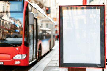 Empty white signboard at a busy bus stop with blurred street background for effective communication