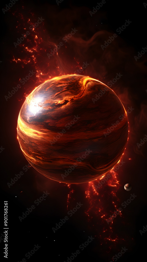 Poster A fiery red planet with swirling clouds in a dark space with glowing streaks of light emanating from it.