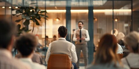 Modern Conference Room with Speaker  
In an indoor meeting scene, a man wearing a white shirt and gray vest stands in front, appearing to be giving a speech or presentation. 
