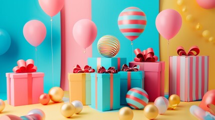 Colorful birthday presents and balloons