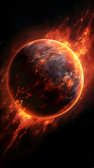 Obraz premium A fiery, burning planet in space, engulfed in flames with a dark background of stars.