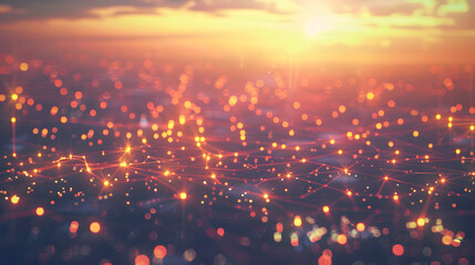 Fototapeta premium Aerial Sunset View of Financial District, Glowing Network of Lines Representing Wealth Distribution,