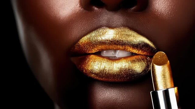 Shimmering gold glitter lipstick applied on elegant full lips of a black model, animated background loop
