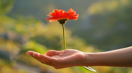Hand Offering a Flower: A hand extending a beautiful flower, captured in a moment of giving.
