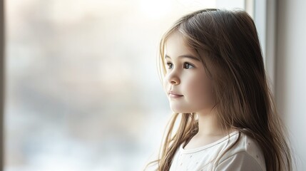 Fototapeta premium Curious Young Girl Lost in Thought, Gazing Out the Window, Deep in Contemplation of Life s Profound Mysteries and Infinite Possibilities
