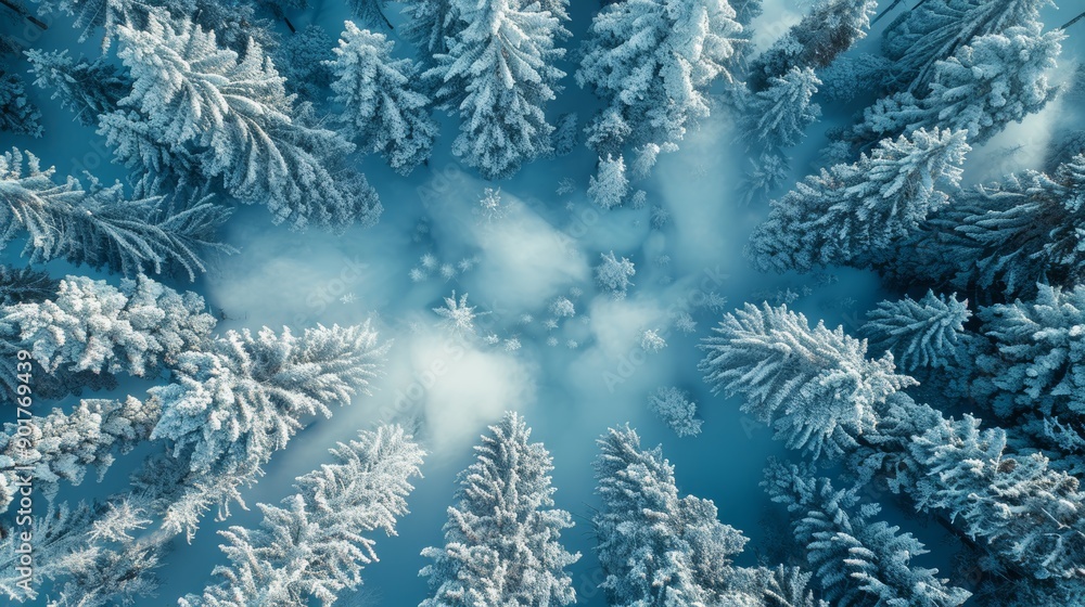 Poster aerial view of dense snow-covered evergreen forest under cloudy winter sky. generative ai